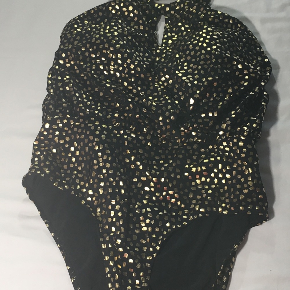 GOLD DOT KEYHOLE DRAPED HALTER ONE PIECE SWIMSUIT